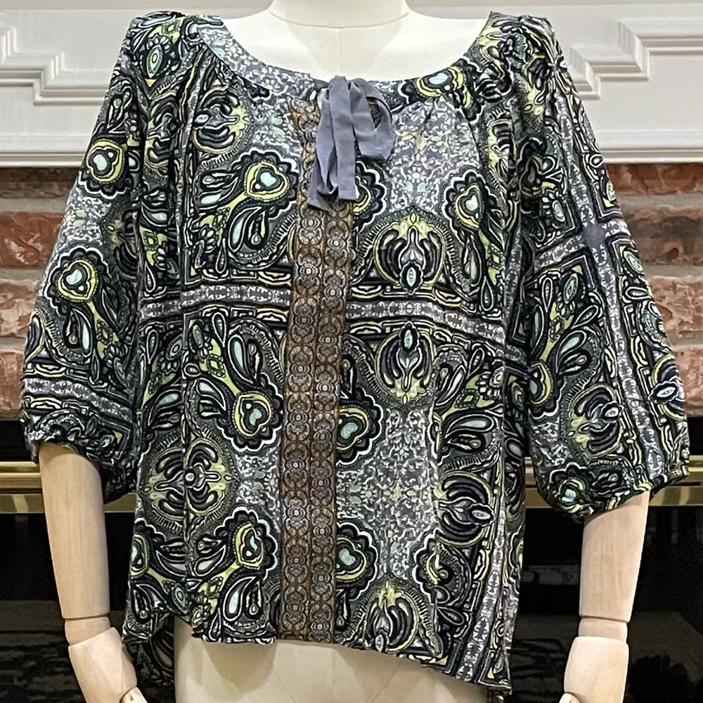 One World psychedelic abstract green and blue top / M / Excellent condit… - Picture 1 of 15